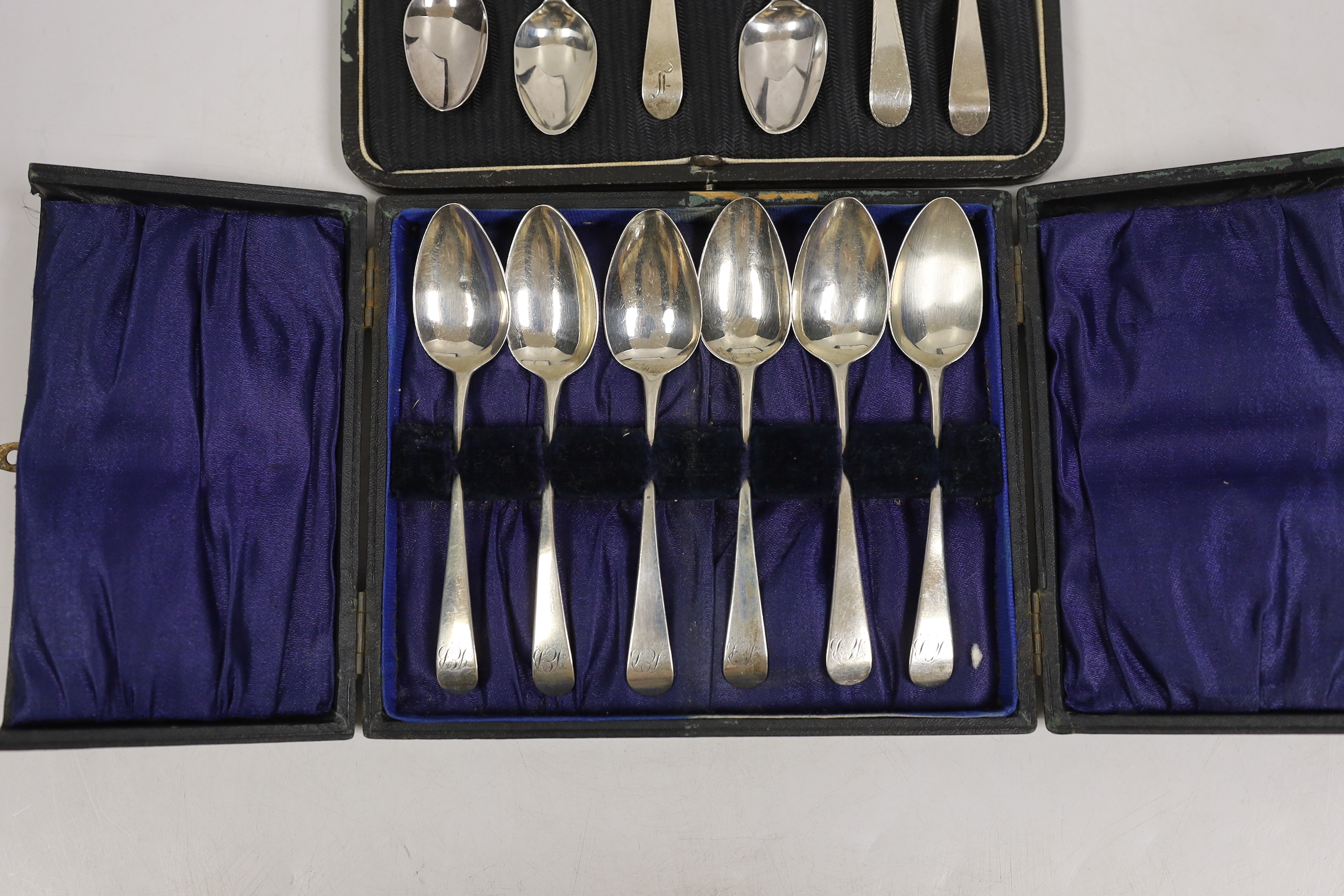 Six George III silver teaspoons by Hester Bateman, all different except one pair, London, 1787, together with a cased set of six George III silver Old English pattern teaspoons by Peter & William Bateman, London, 1813.